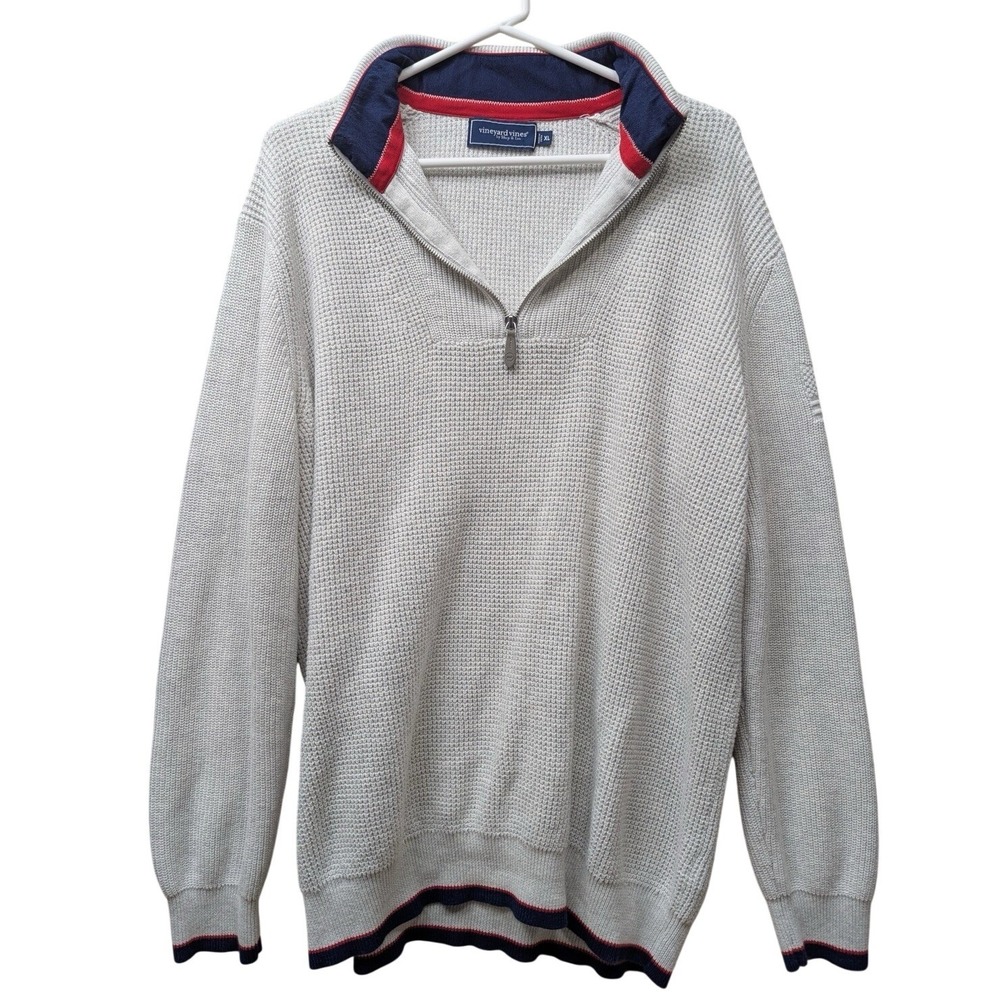 Vineyard Vines Pullover Men XL Gray 1/4 Zip Waffle Knit Flag Patch 1E001459